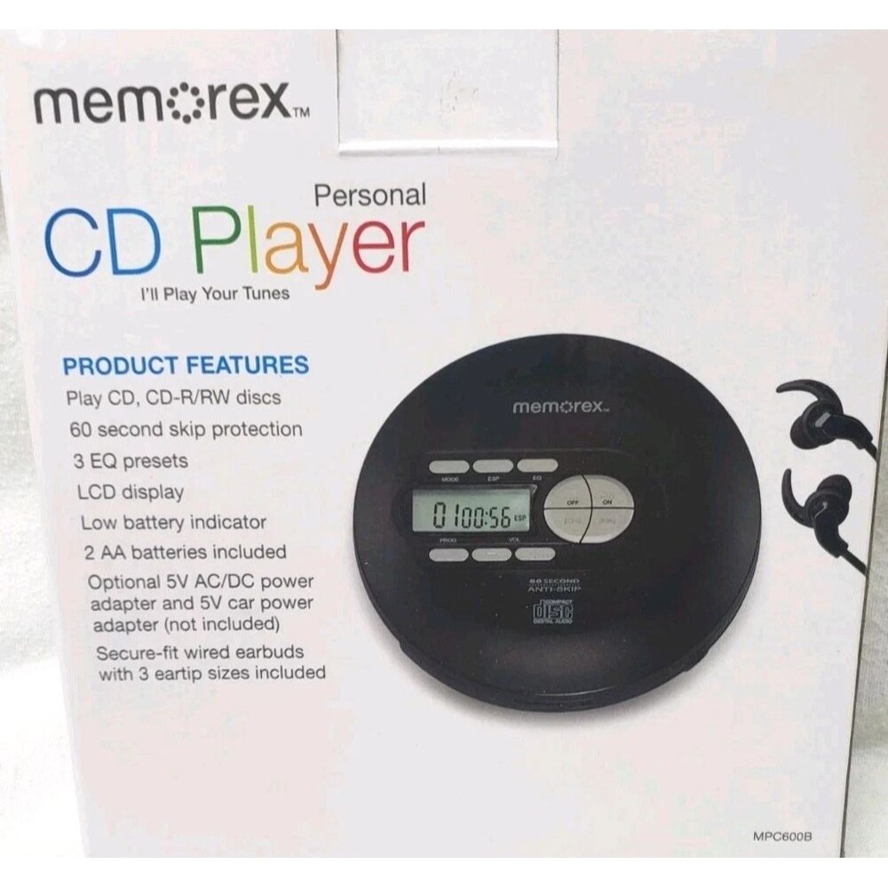 Memorex Personal CD Player Play Anywhere Wired Earbuds Included MPC 600B New - Picture 2 of 3